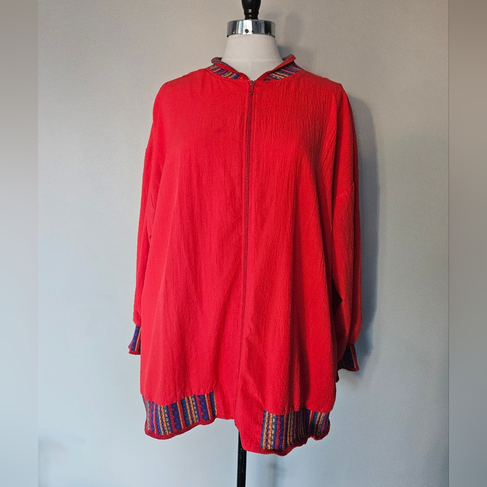 Vintage 80s Blair Boutique Womens Red Windbreaker - Size 3XL -  Aztec Trim